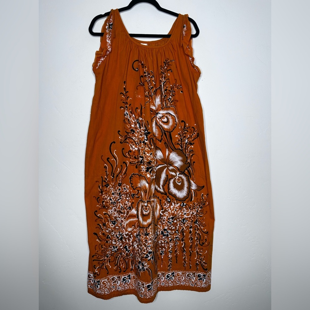 Vintage Floral Orange Sleeveless Sun Dress Size House Dress Vacation Resortwear